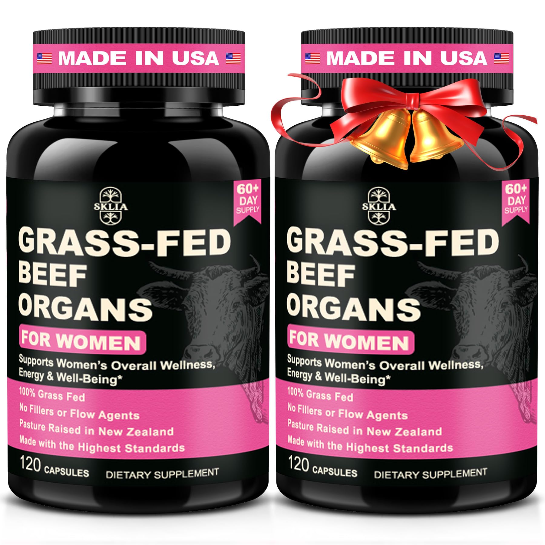 SKLIA beef organ supplement for women bottle front, supporting daily energy.