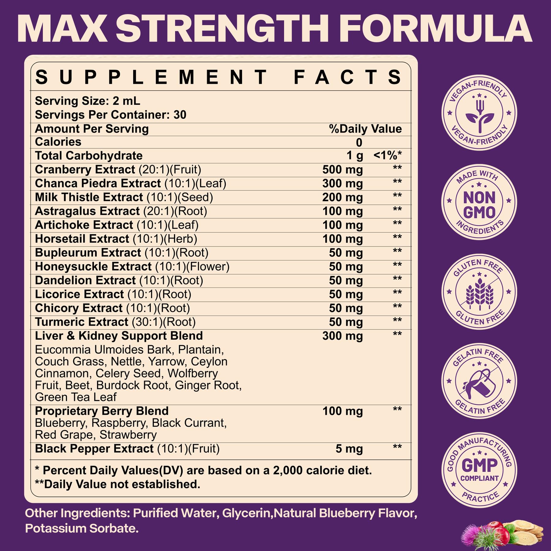 SKLIA blueberry flavor drops poured for convenient daily intake.