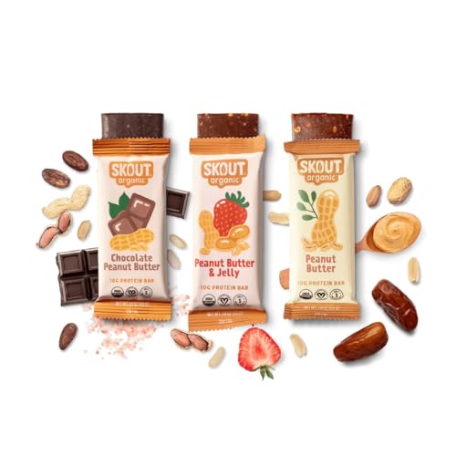 Skout Organic Protein Bars Variety Pack packaging shows three flavors for convenient snacking