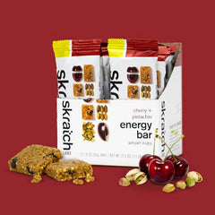 Skratch Labs Energy Bar Cherry Pistachio bar close-up showcases real-food energy