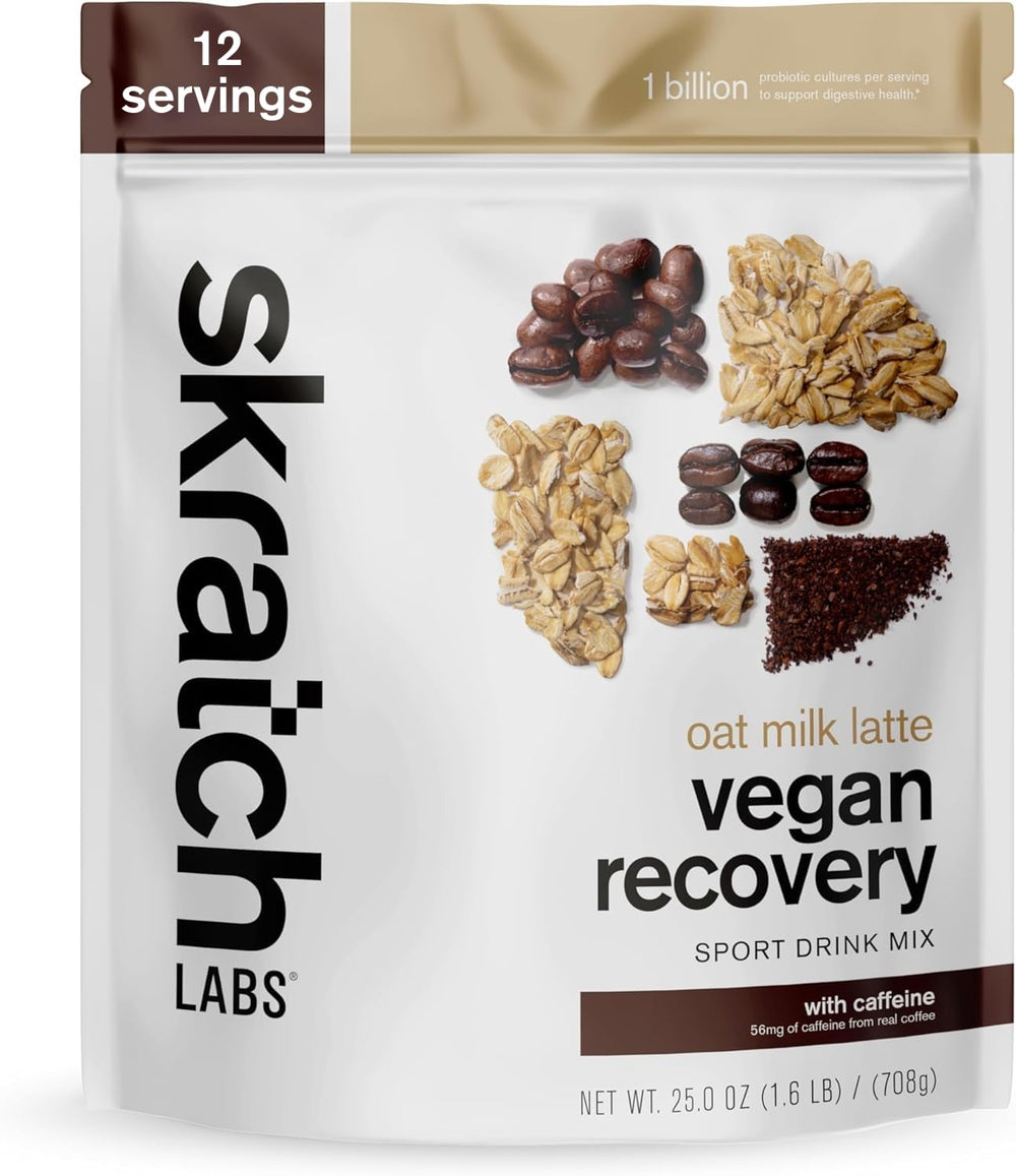 Skratch Labs Recovery Drink canister front view highlighting oat milk latte flavor for post-workout fueling