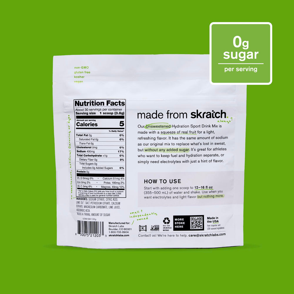 Compact Skratch Unsweetened Hydration packaging in a travel-friendly pouch