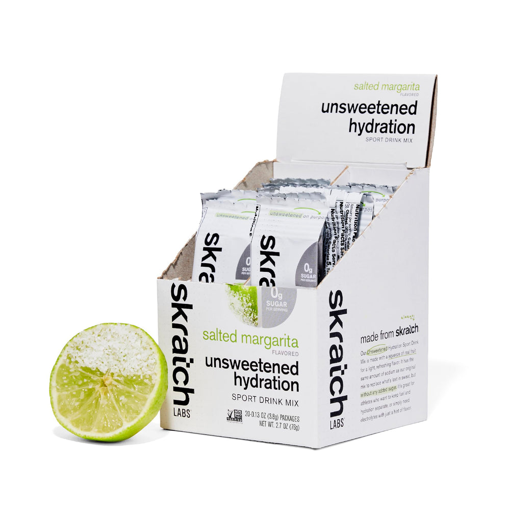 Skratch Labs Unsweetened Hydration packaging highlights real fruit electrolytes for everyday workouts.