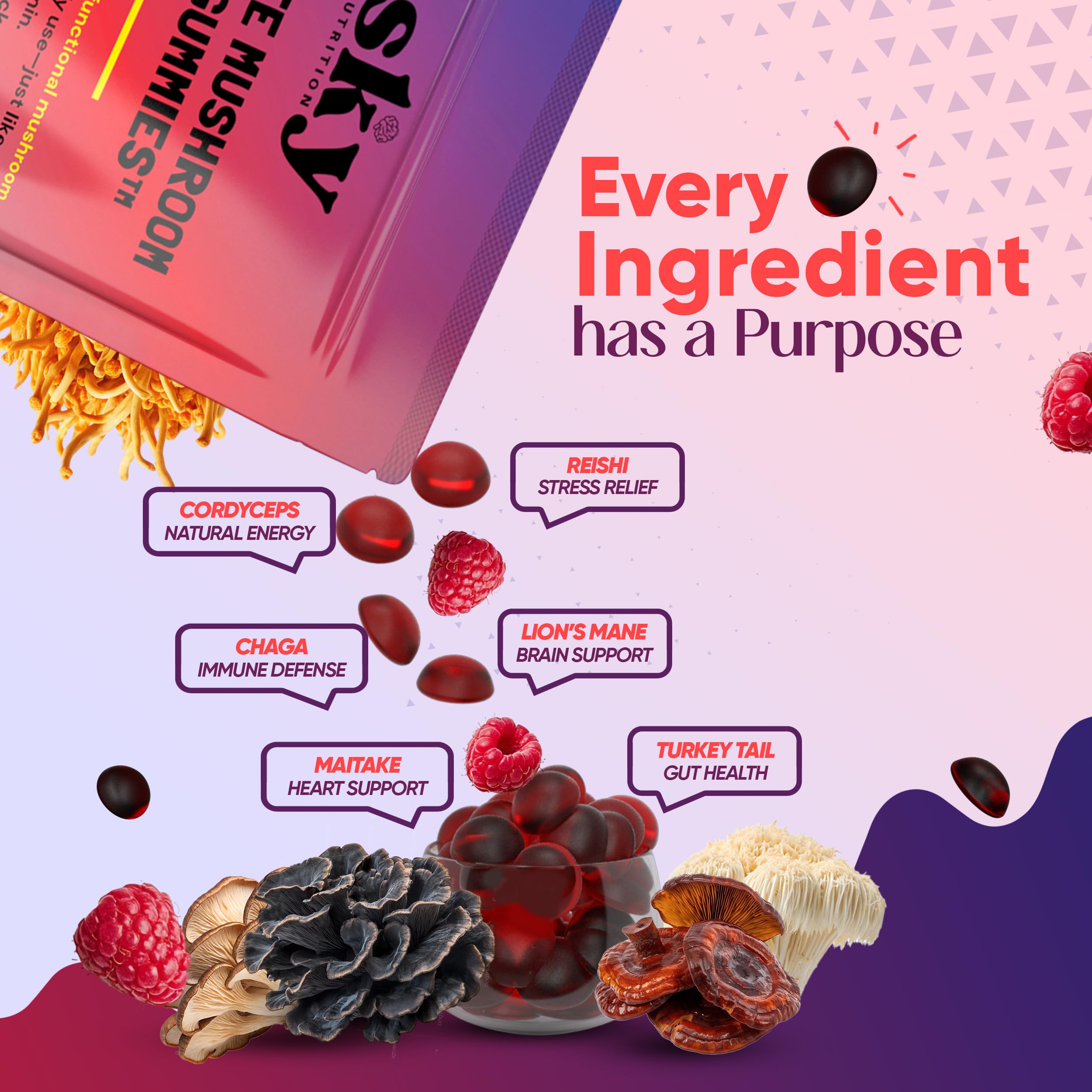 Sky Nutrition Mushroom Gummies 60-count bottle shown for month-long supply
