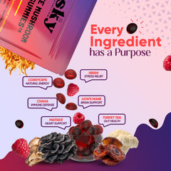 Sky Nutrition Mushroom Gummies 60-count bottle shown for month-long supply