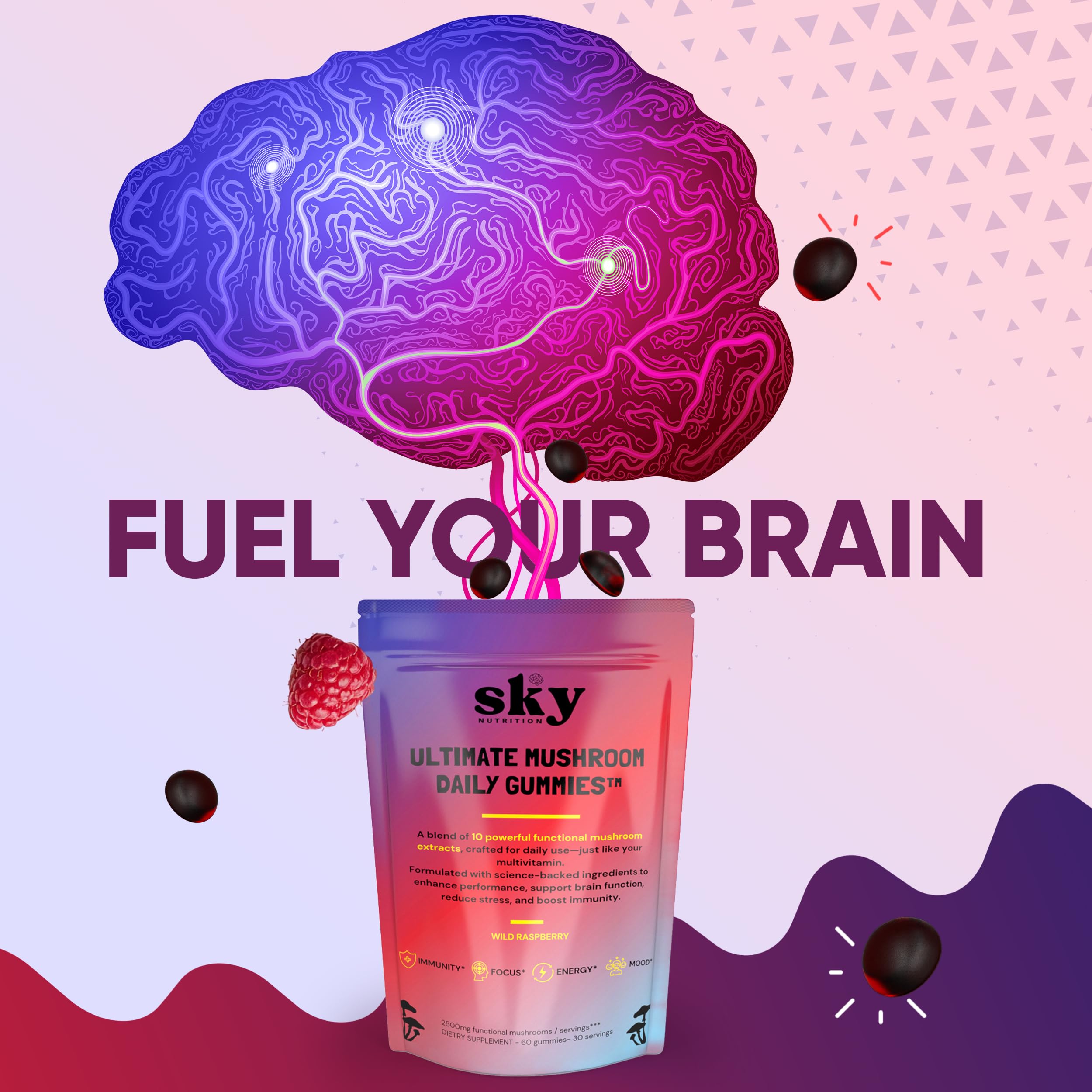 Sky Nutrition Mushroom Gummies blend illustration highlights Lion’s Mane and Cordyceps for focus