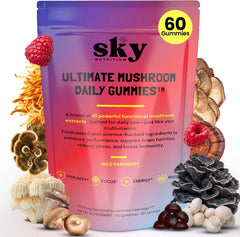 Sky Nutrition Mushroom Gummies bottle front showing vegan raspberry chews for daily focus