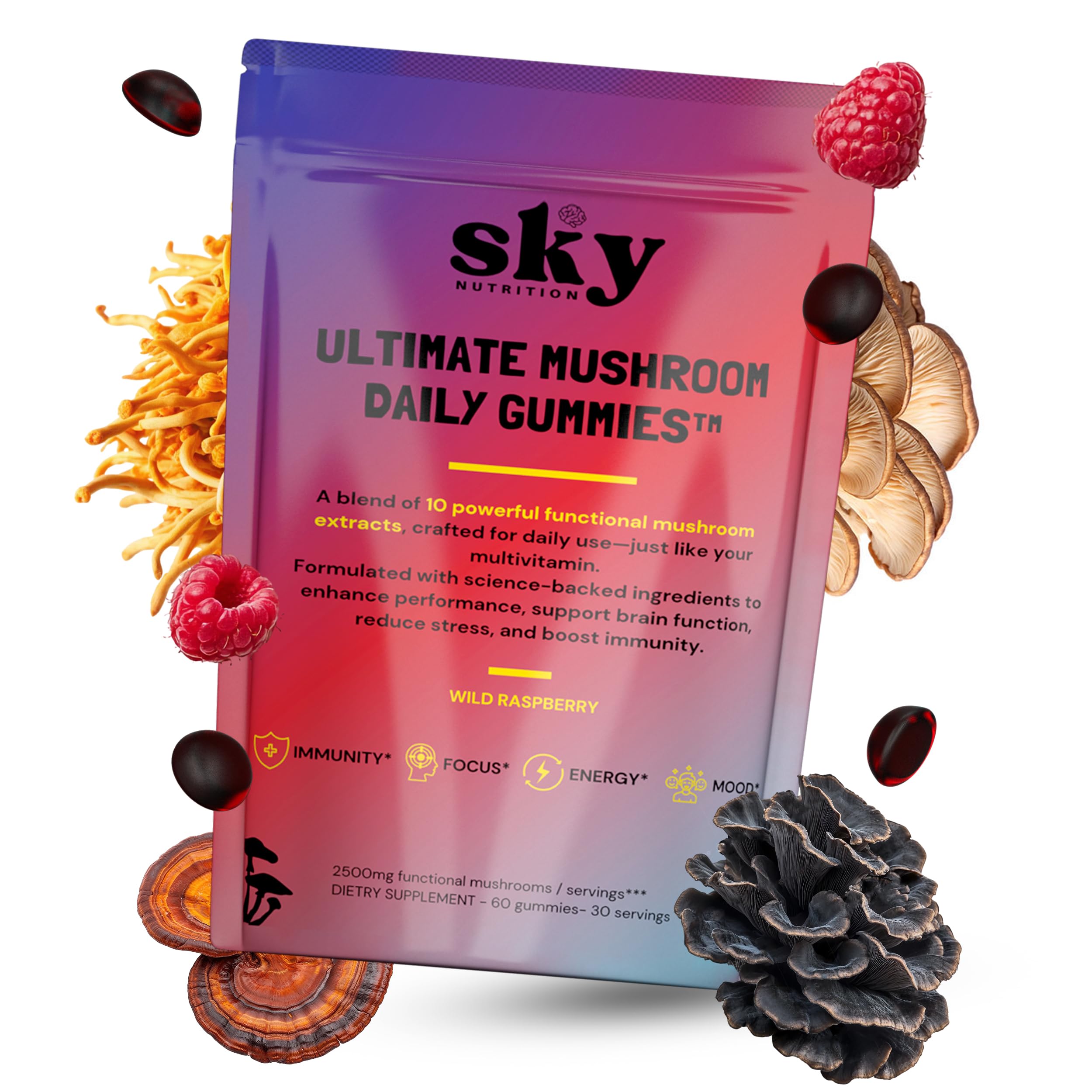 Sky Nutrition Mushroom Gummies bottle in hand suggests portability and on-the-go use
