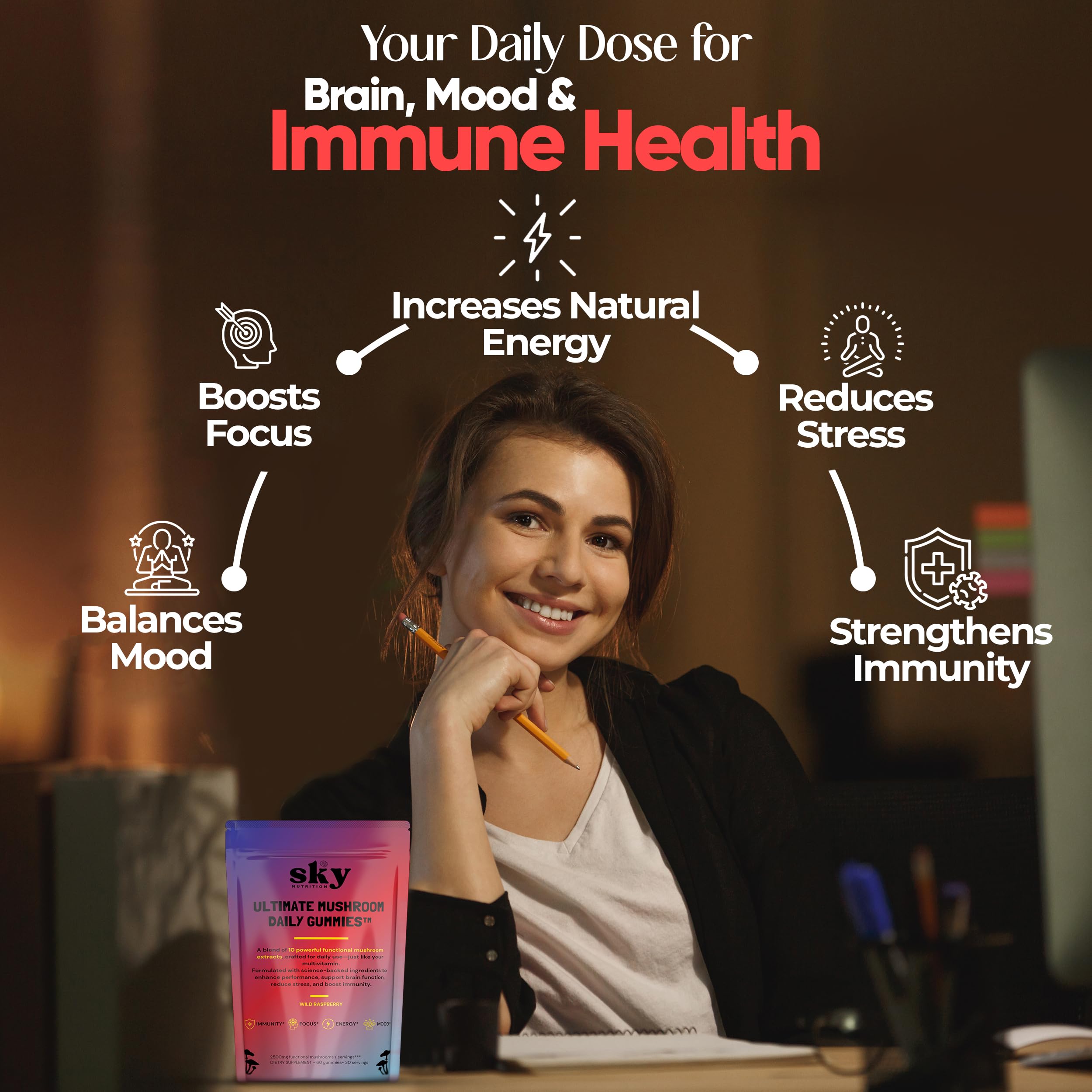 Sky Nutrition Mushroom Gummies daily-dose scene with hands conveys easy routine