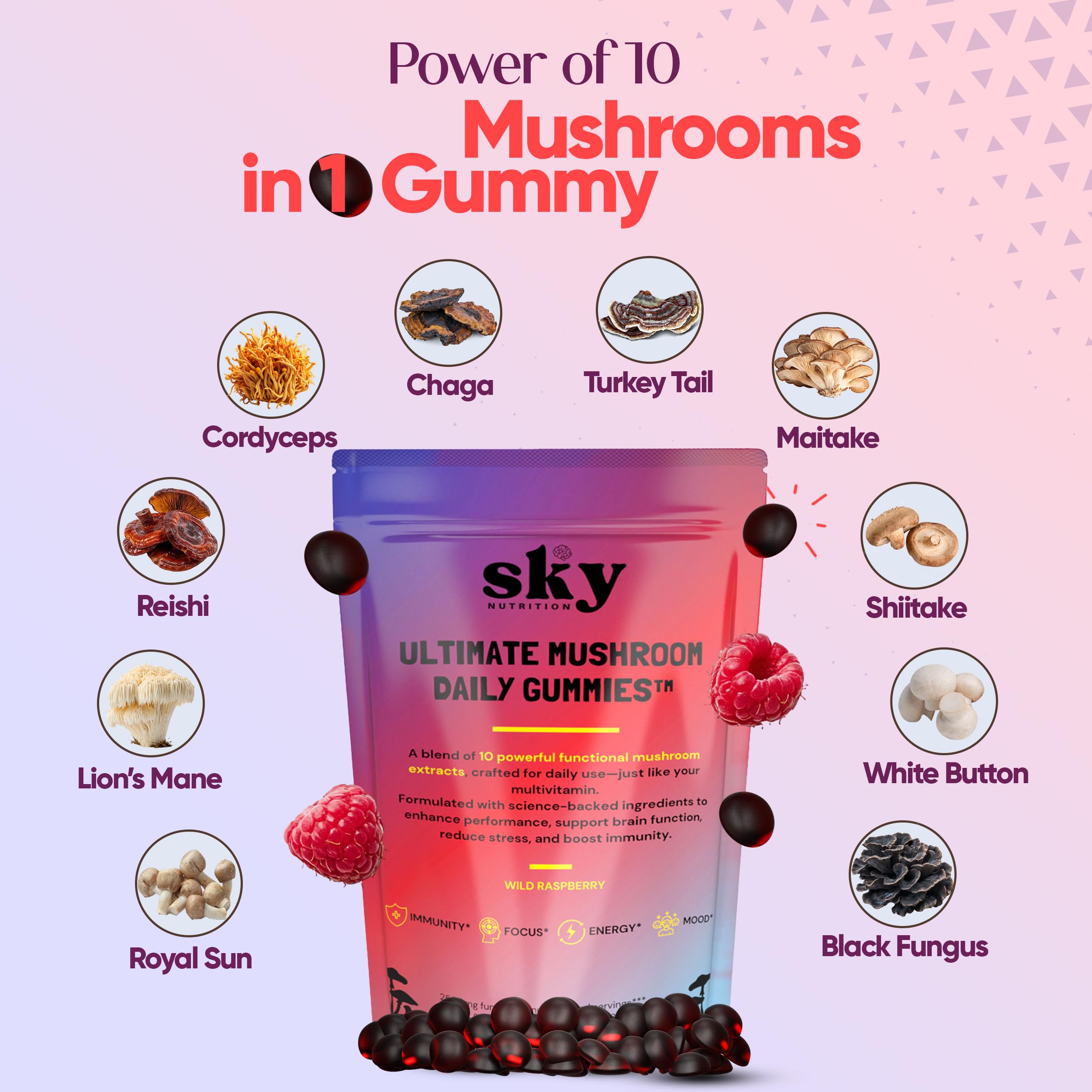 Sky Nutrition Mushroom Gummies raspberry label closeup emphasizes flavor and natural ingredients