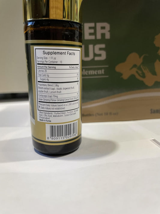 Skydia Power Plus bottle label close-up highlighting Korean ginseng blend