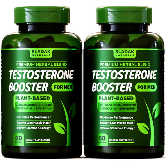 SLADAK NATURALS testosterone booster bottle front with bold label for daily vitality.