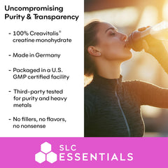 SLC Essentials Creatine Monohydrate bottle supporting CCDS research and awareness