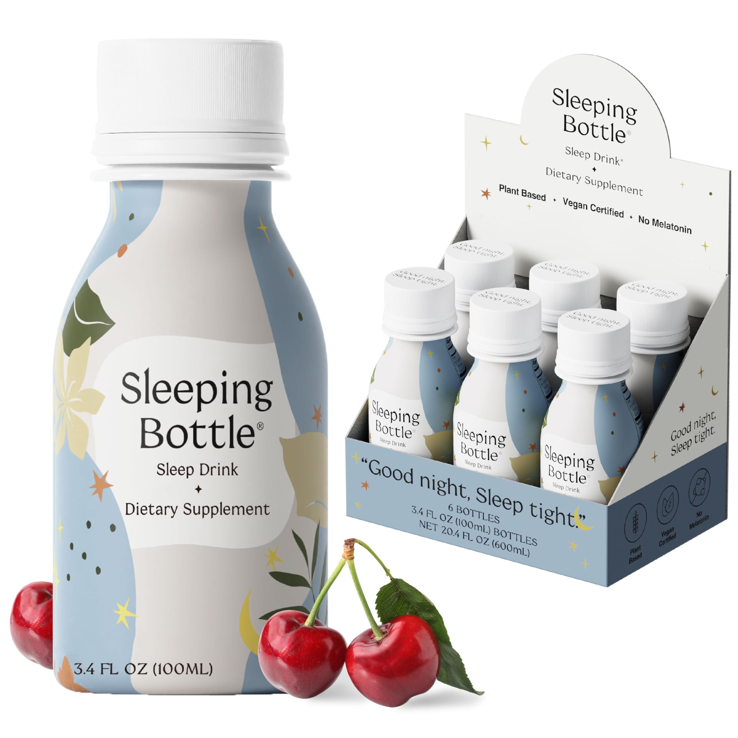 Sleeping Bottle pack shot with cherry flavor bottles ready for daily routines