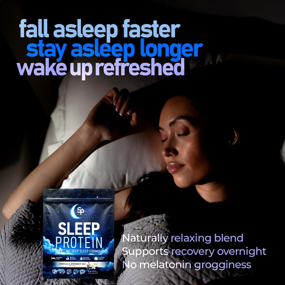SleepProtein ingredients collage featuring magnesium glycinate and GABA for calm evenings