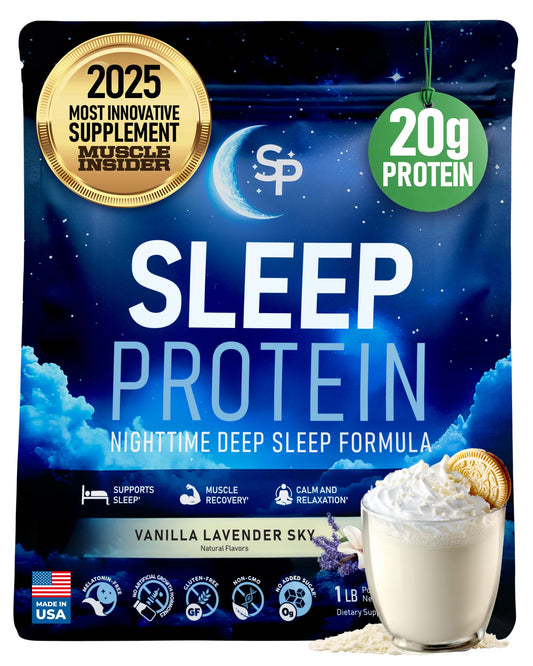 SleepProtein Nighttime Casein Recovery Shake bottle showing 20g casein and sleep-support blend for overnight recovery
