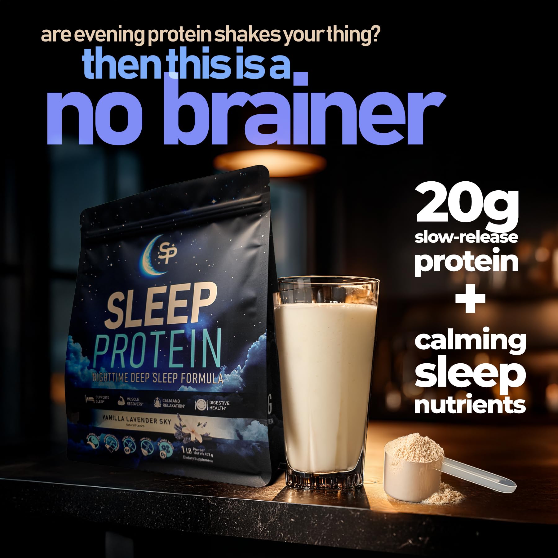 SleepProtein Nighttime Casein Recovery Shake being poured into a glass for restful sleep