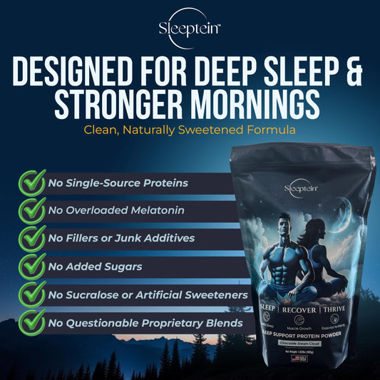 Sleeptein nighttime recovery bottle beside a glass for a calm wind-down ritual