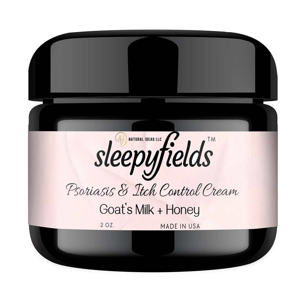 SLEEPY FIELDS psoriasis cream bottle close-up highlighting deep hydration