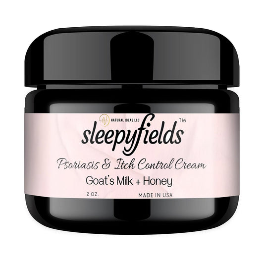 SLEEPY FIELDS psoriasis cream bottle close-up highlighting deep hydration