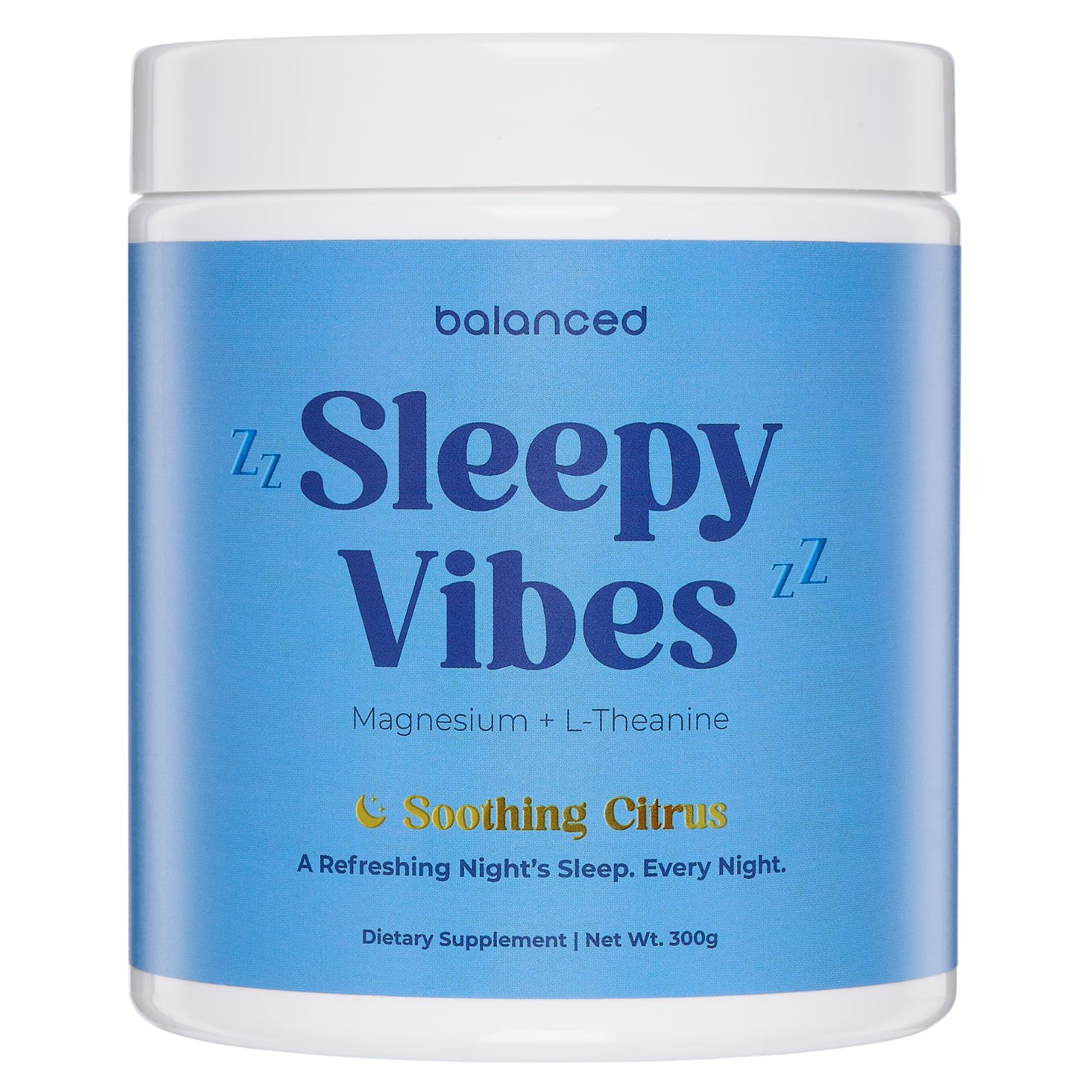 Sleepy Vibes Citrus Drink Mix bottle shows melatonin-free sleep support for a calming nightly routine.