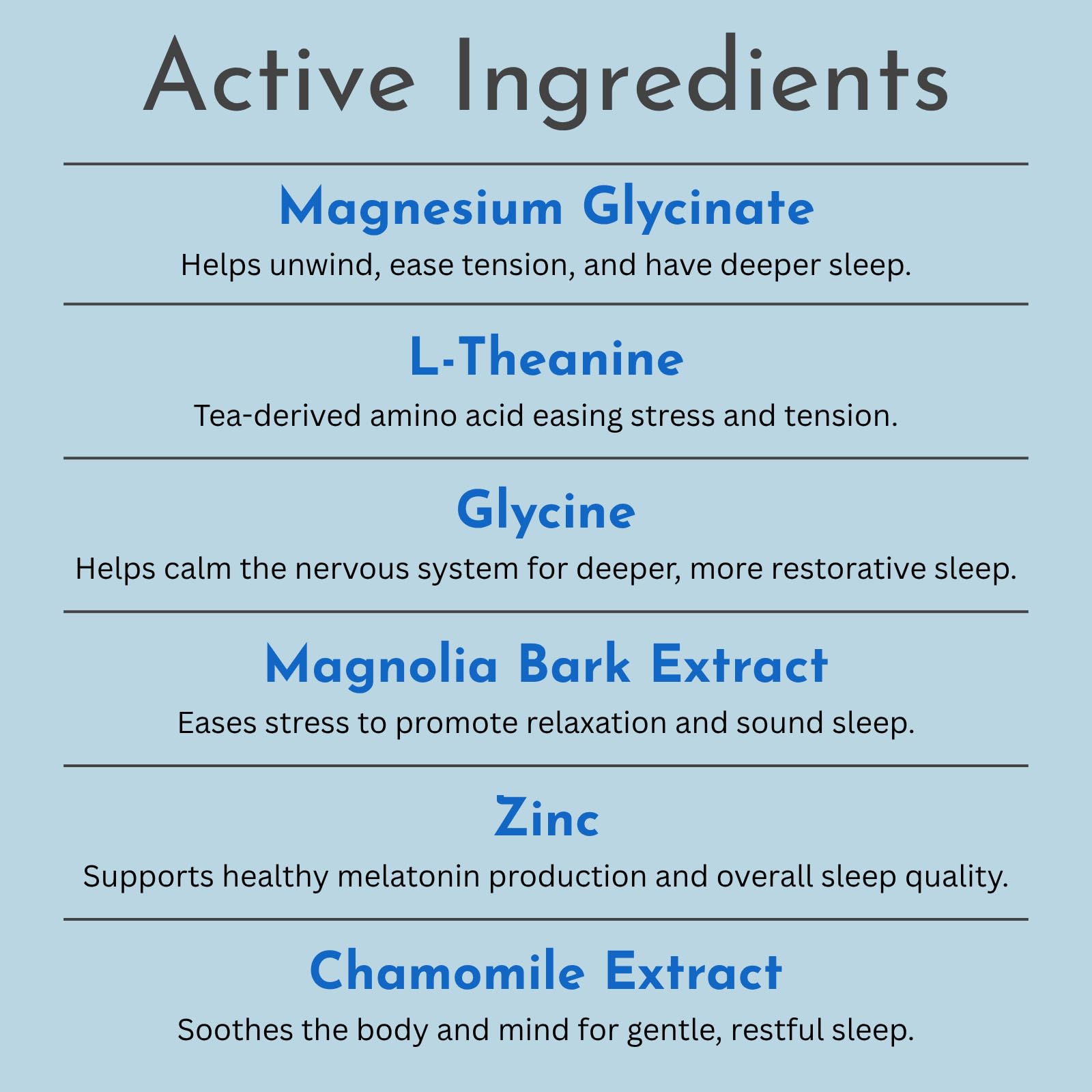 Sleepy Vibes ingredient illustration highlights magnesium, L-theanine, and glycine blend at a glance.