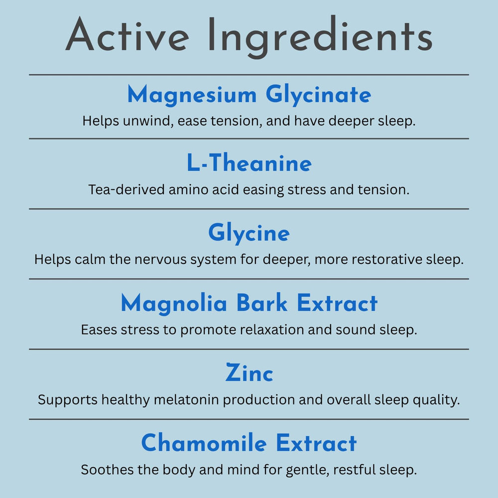 Sleepy Vibes ingredient illustration highlights magnesium, L-theanine, and glycine blend at a glance.