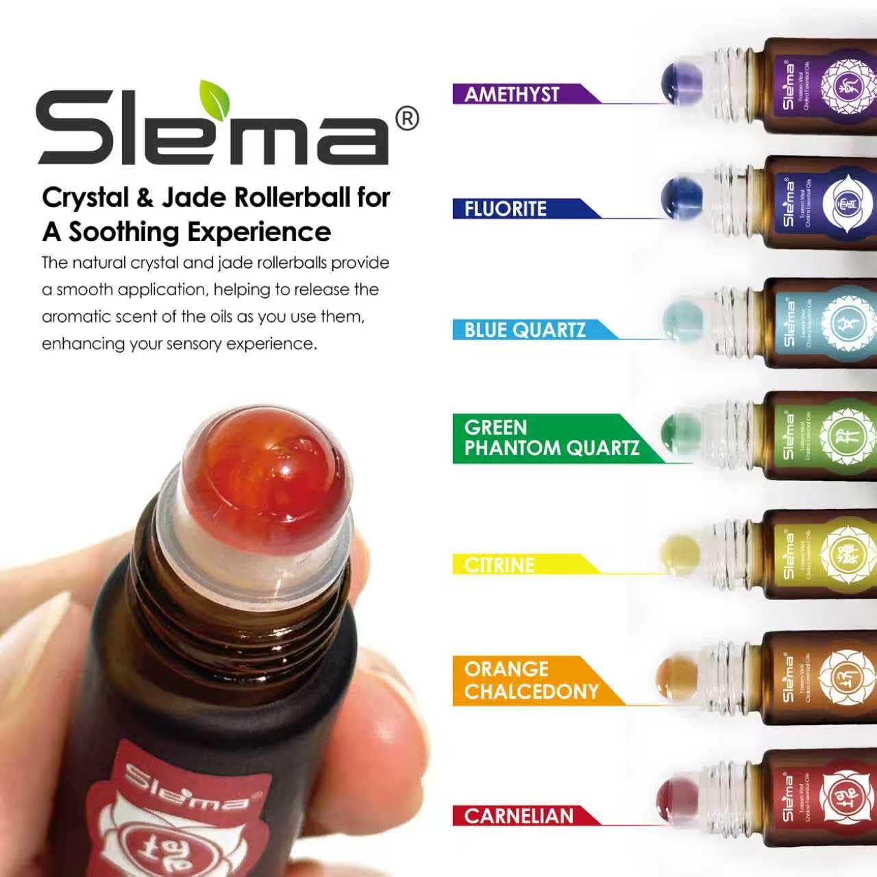 Slema chakra bottle label detail showcasing organized blends.