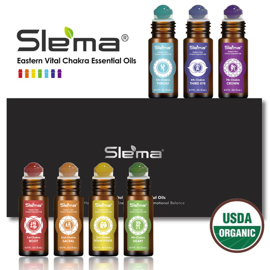 Slema 7 Chakra seven 5ml bottles arranged for easy aromatherapy sessions