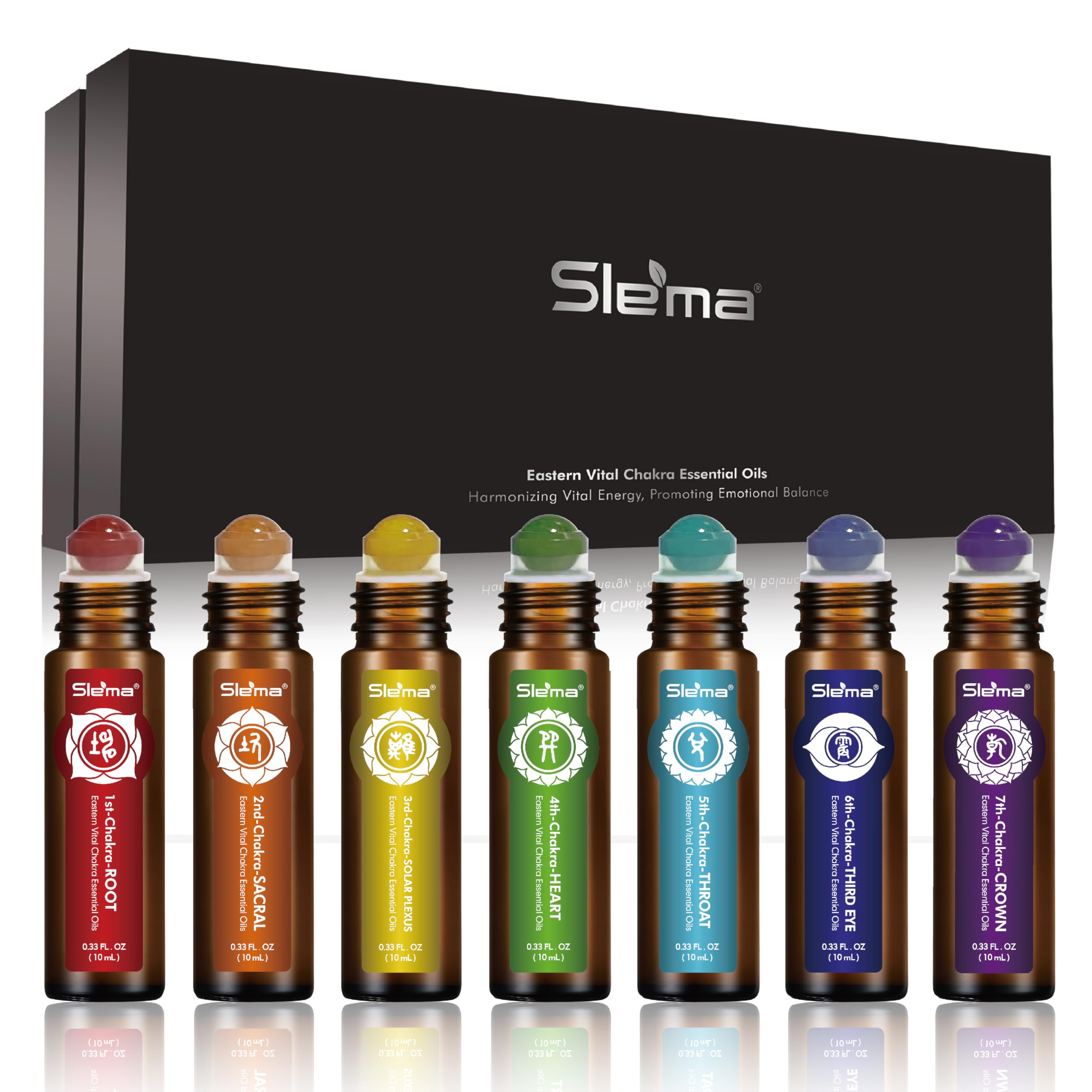 Slema 7 chakra roll-on bottle front for daily balance during meditation.