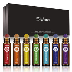 Slema 7 chakra roll-on bottle front for daily balance during meditation.