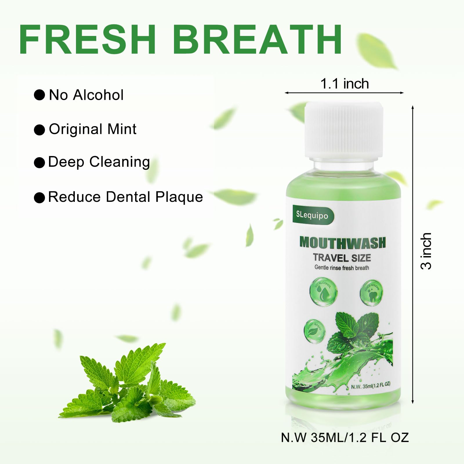 SLequipo 35ml mini mint bottle highlights compact design for quick hotel or trip use.