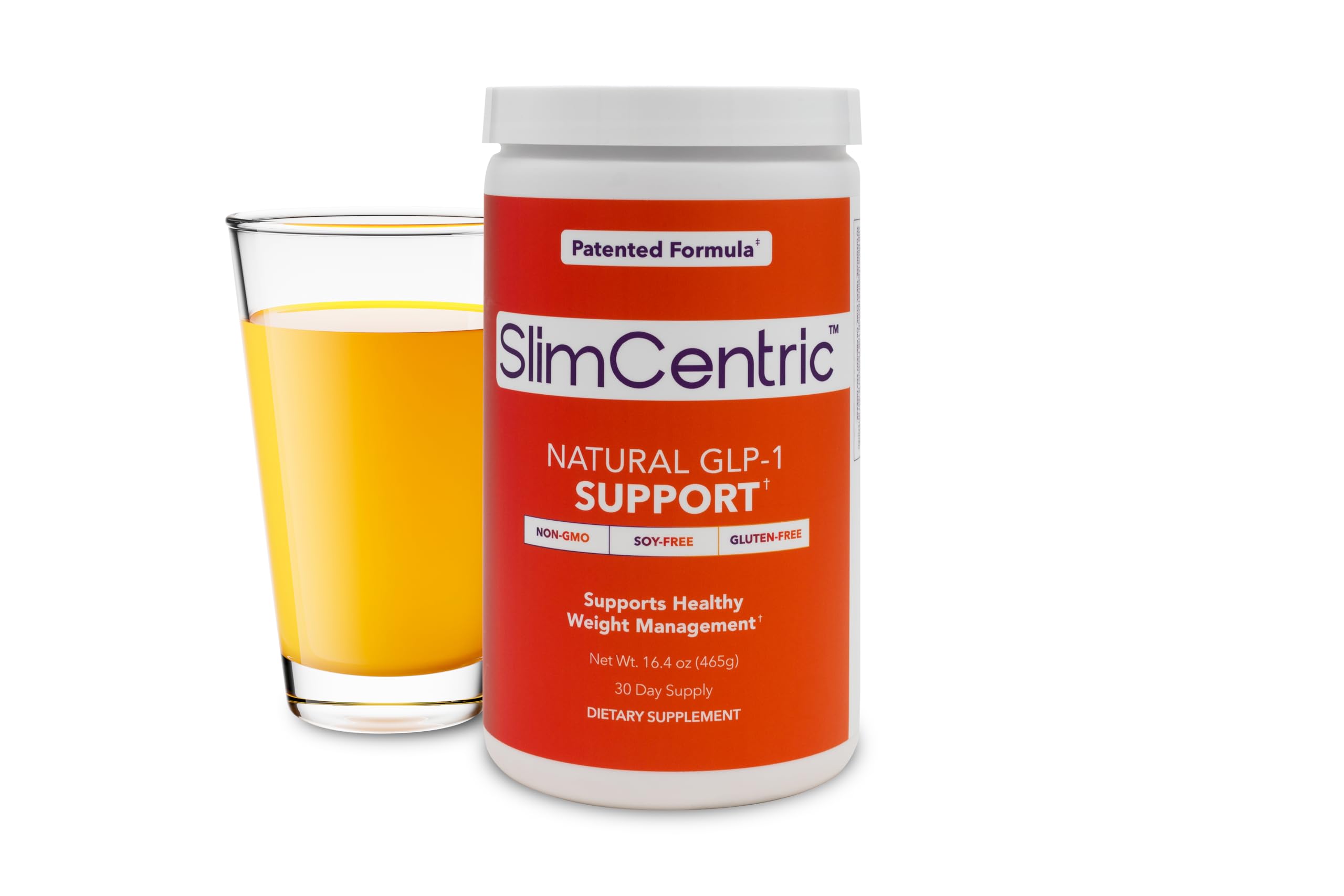 SlimCentric GLP-1 supplement bottle front emphasizes a natural metabolism support formula.