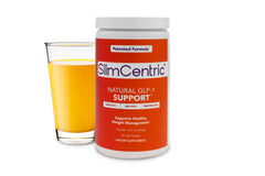 SlimCentric GLP-1 supplement bottle front emphasizes a natural metabolism support formula.