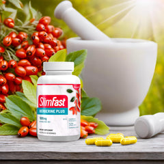 SlimFast Berberine Plus daily routine capsules shown on a table.