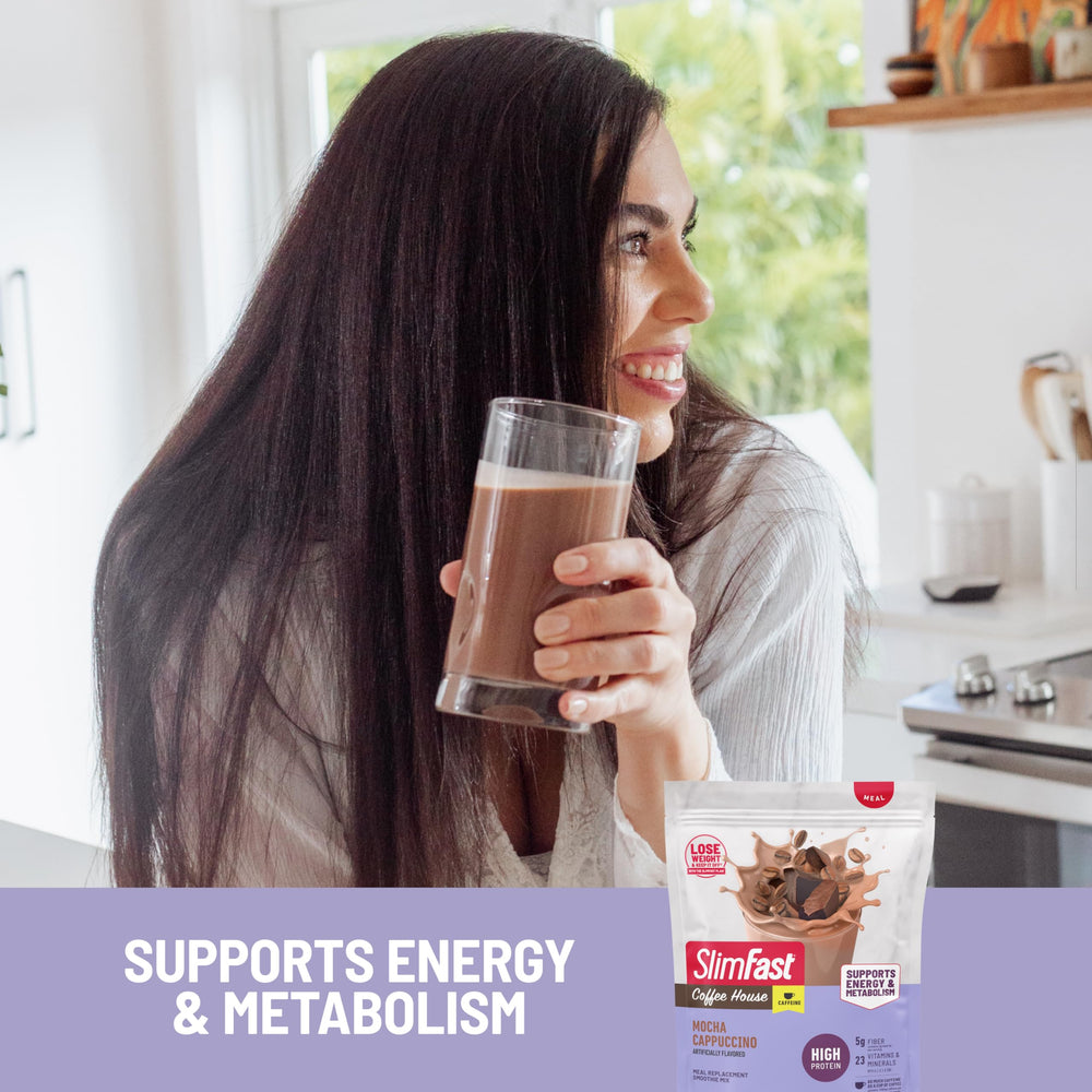 SlimFast High Protein Coffee House Smoothie coffee beans and mug; signals premium caffeine energy.
