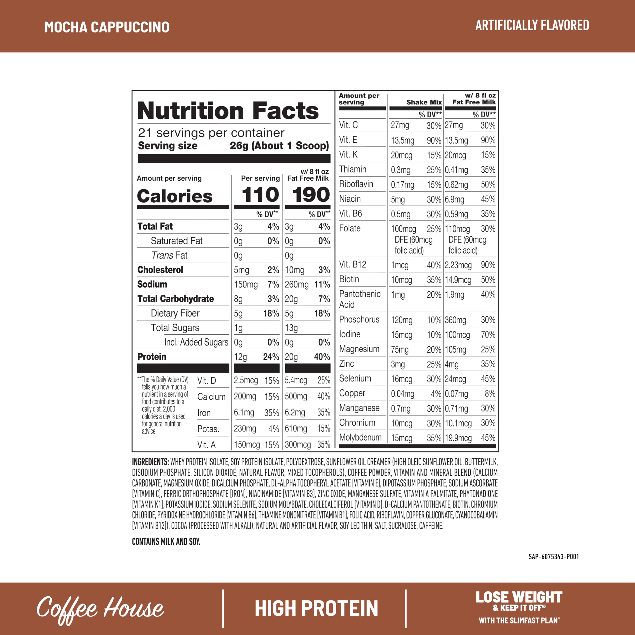 SlimFast High Protein Coffee House Smoothie Mocha Cappuccino prepared shake; energizing morning boost.