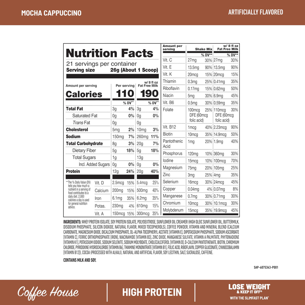 SlimFast High Protein Coffee House Smoothie Mocha Cappuccino prepared shake; energizing morning boost.
