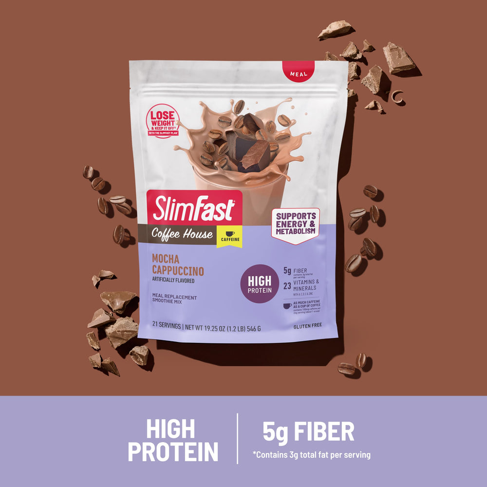 SlimFast High Protein Coffee House Smoothie Vanilla Latte powder; versatile flavor for a protein-rich snack.