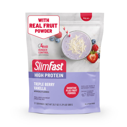 SlimFast High Protein Smoothie Plus Fruit Powder bag with real fruit powder for a convenient meal