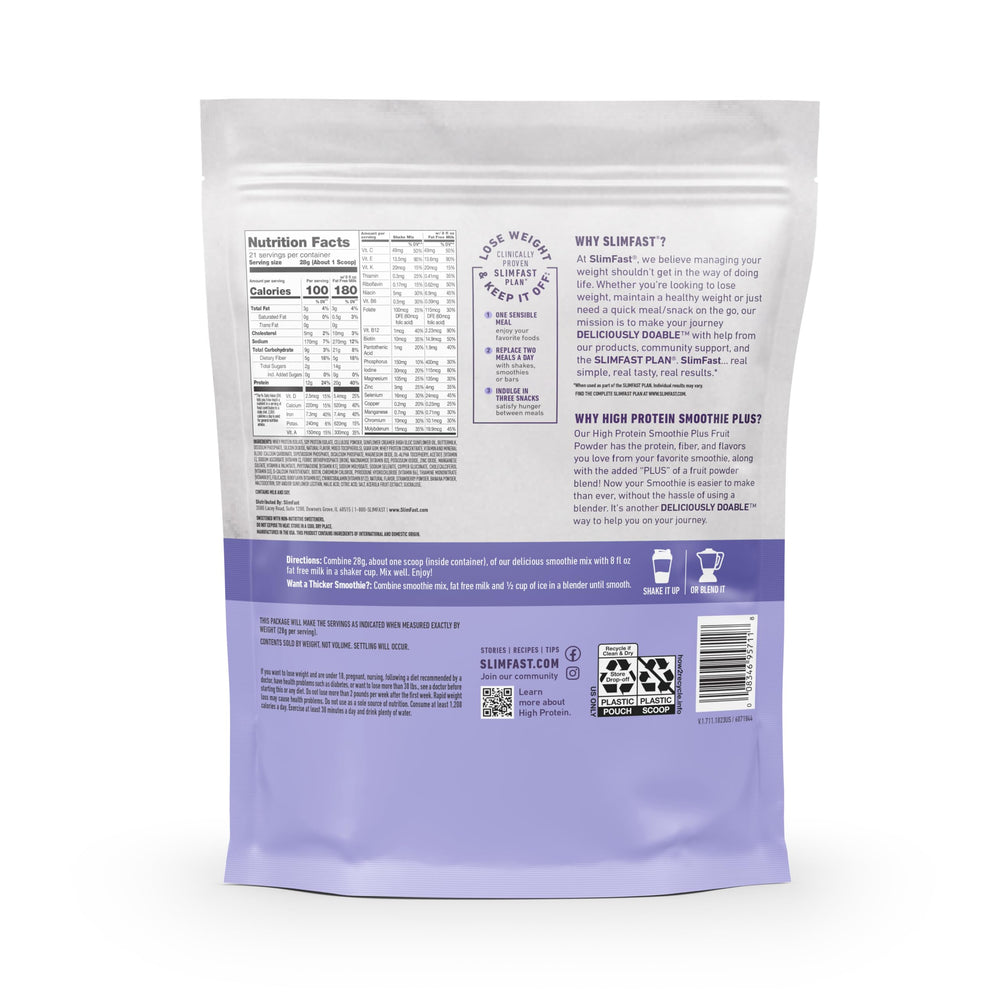 SlimFast strawberry-banana powder mixed with milk showing fiber and vitamin C