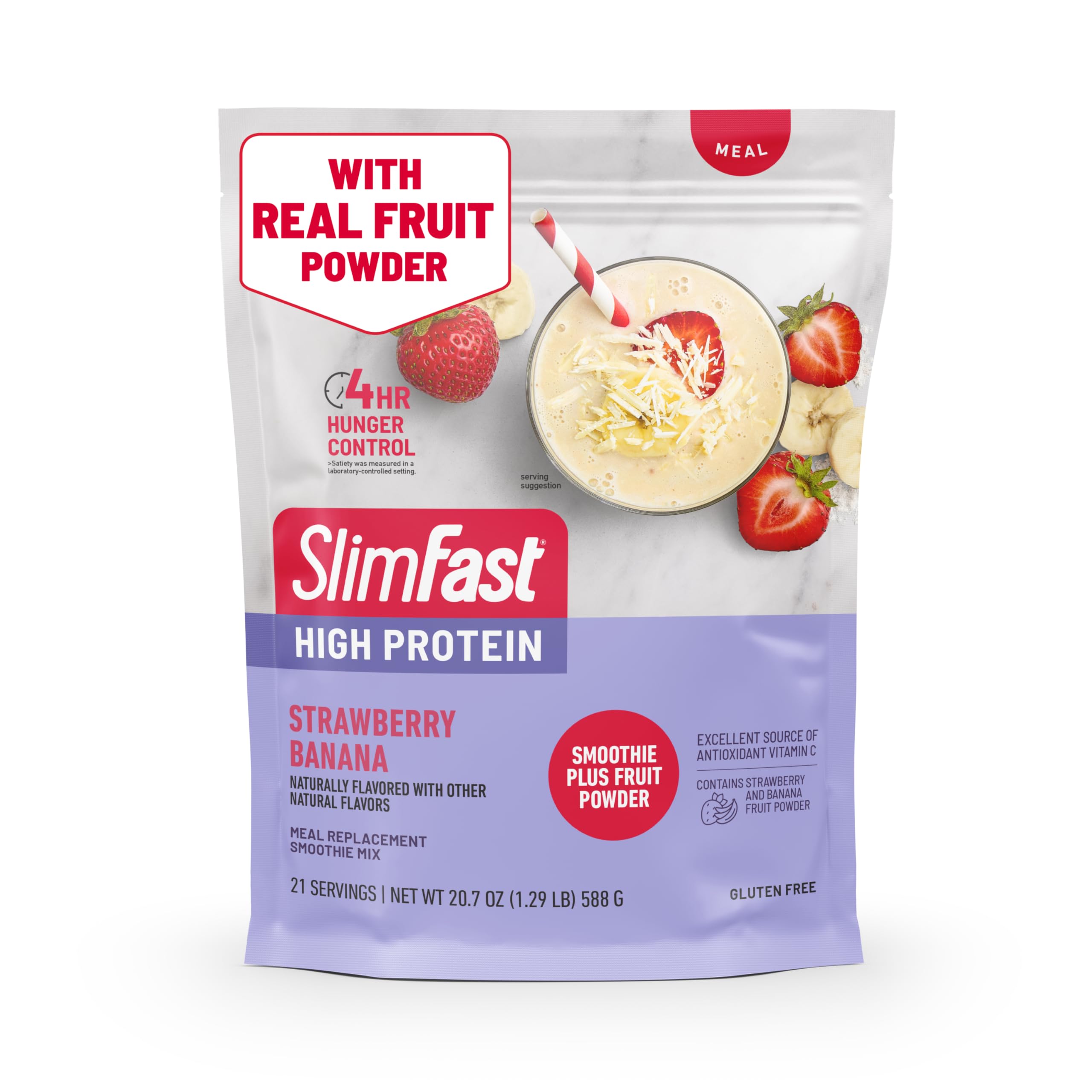 SlimFast High Protein Smoothie Plus Fruit Powder strawberry-banana close-up showing real fruit powder boost