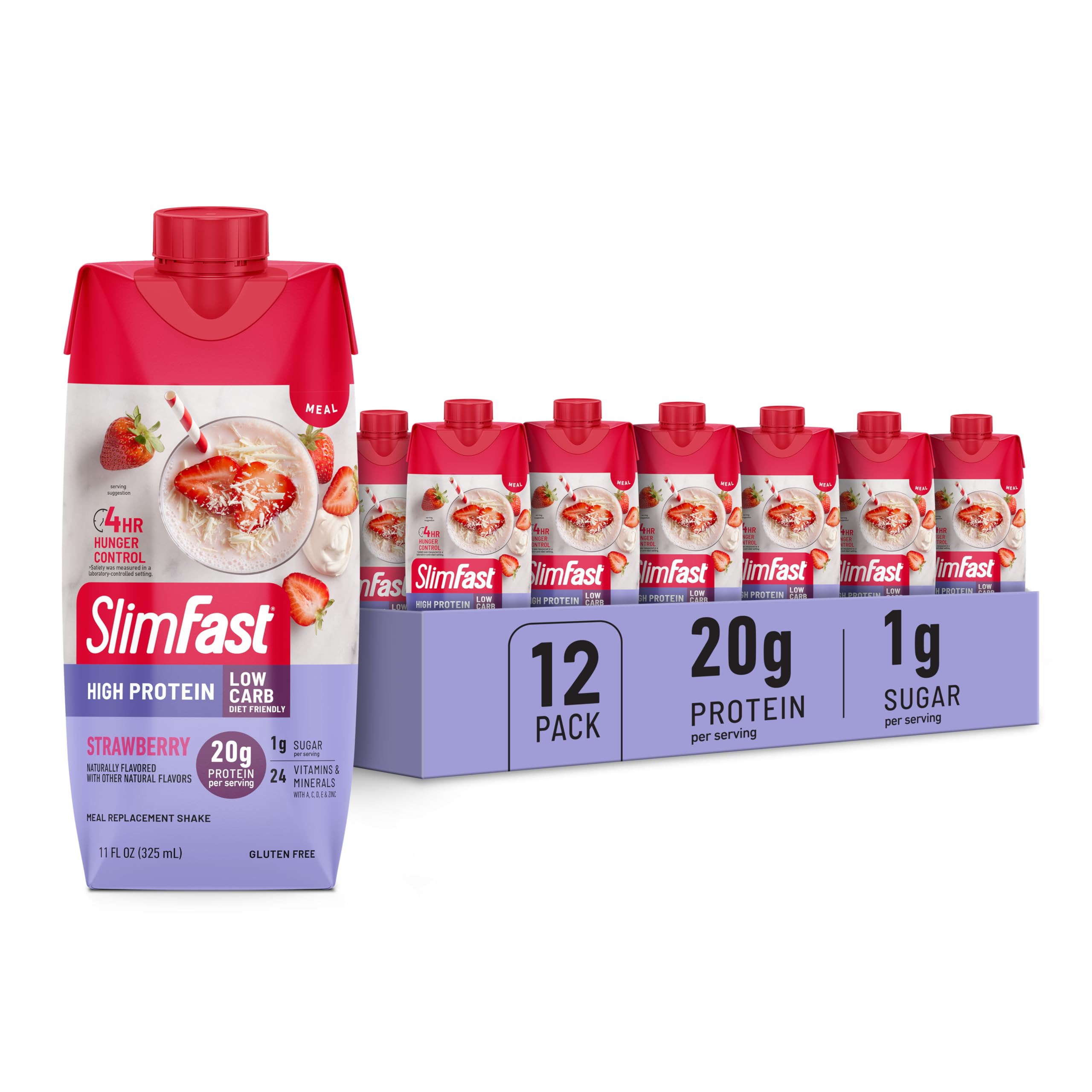 SlimFast strawberry shake bottle front for convenient on-the-go meal replacement