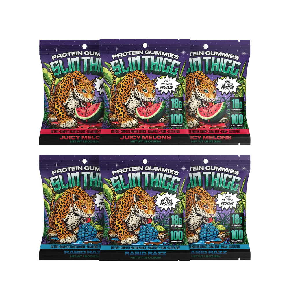 SlimThicc Rabid Razz gummies pack with vibrant texture for post-workout protein snacking.