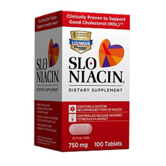 Slo-Niacin Polygel 750 mg bottle shows gradual-release niacin for reduced flushing.