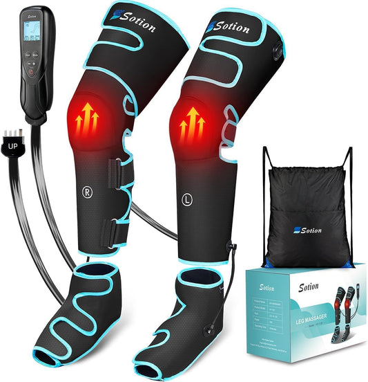 SLOTHMORE leg massager demonstrates foot to thigh compression for better circulation.