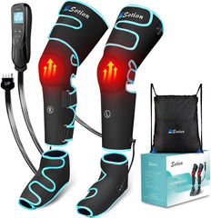 SLOTHMORE leg massager demonstrates foot to thigh compression for better circulation.
