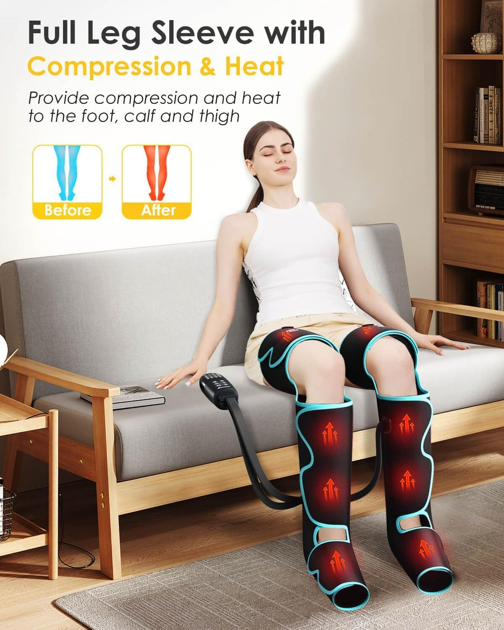 SLOTHMORE massager worn on leg demonstrates hands-free relaxation.