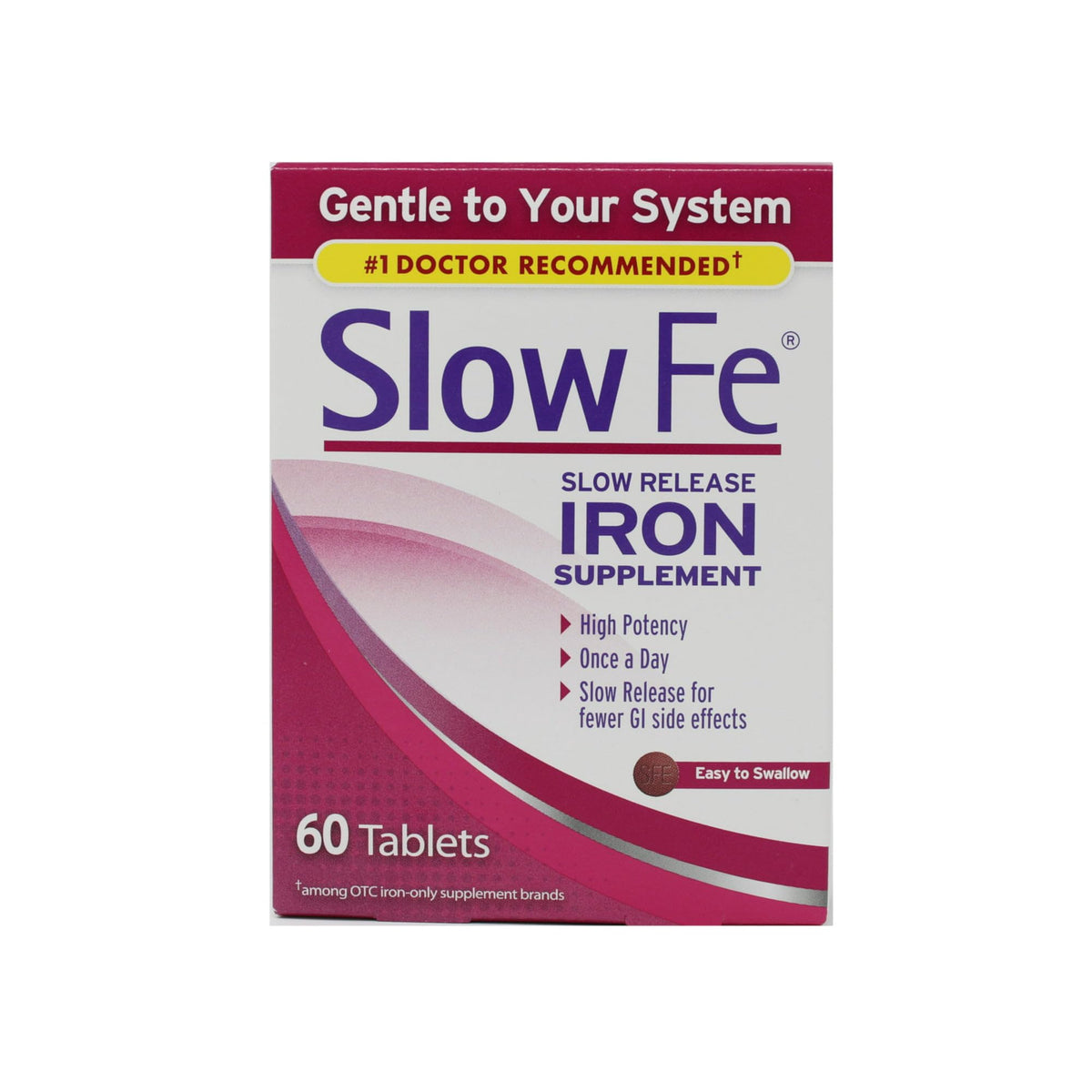 Slow Fe high-potency iron tablet close-up, easy to swallow and gentle on the stomach.