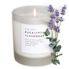 Slow North eucalyptus-lavender candle in jar creates calming ambience
